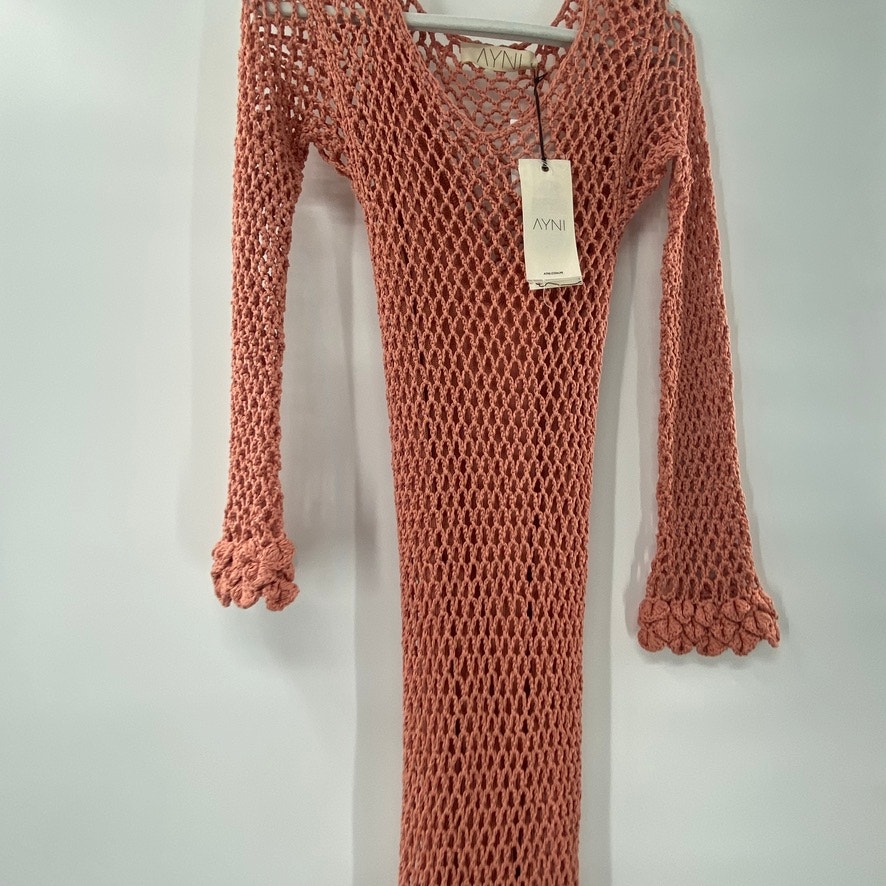 New Ayni Imac Crochet Mesh Maxi Dress Side Slits Pima Cotton Medium Coral Knit — image 7 of 8